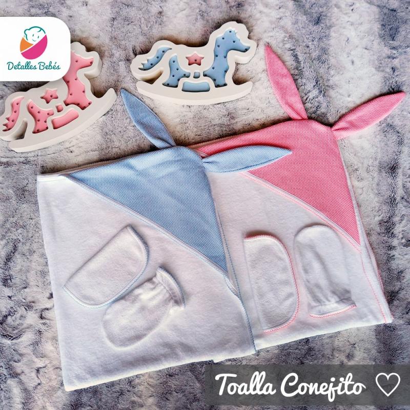 Toalla en Felpa Bebe, 100% Algodón Antialérgico -1m x 80cm Modelo Orejas de Conejo